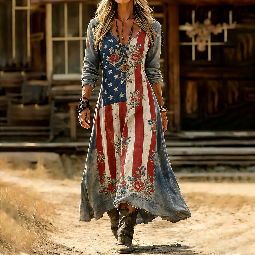 🔥🔥New Year 50% Off--American Floral Art and Leisure Print Casual Dress