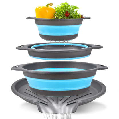 🎉Collapsible Colanders 3-Pack Sturdy Kitchen Strainer Set, Compact with Over-Sink Self-Drainage Base, 3 Sizes (3QT, 4QT, 5QT) for Dinner Prep