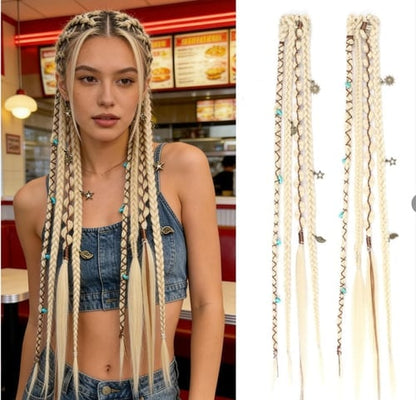 🔥2026 Boho Dreadlock Clip-In Hair Extensions 🌿 – 20" Braided Hair with Beads & Charms