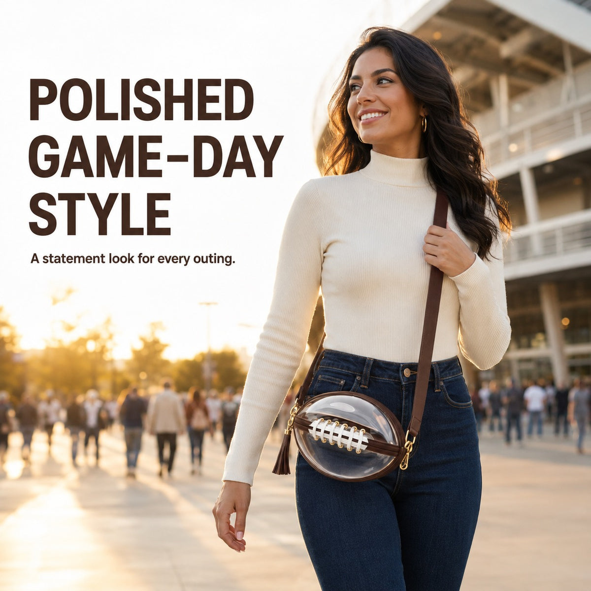 🏈Football Shaped Clear Crossbody Bag | Stadium Approved Transparent Purse with Gold-Tone Zipper & Leather Trim | Perfect Game Day Essential