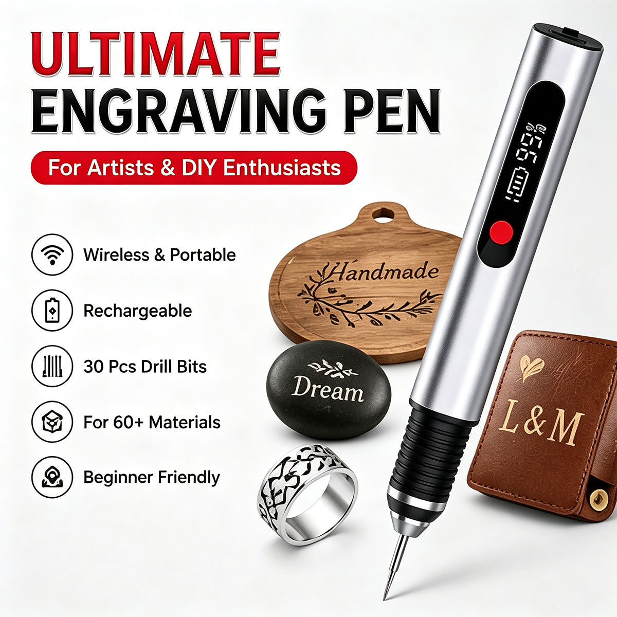 Ultimate Cordless Engraving Pen - Engrave 60+ Surfaces - 30 Bits & Mastery Guide