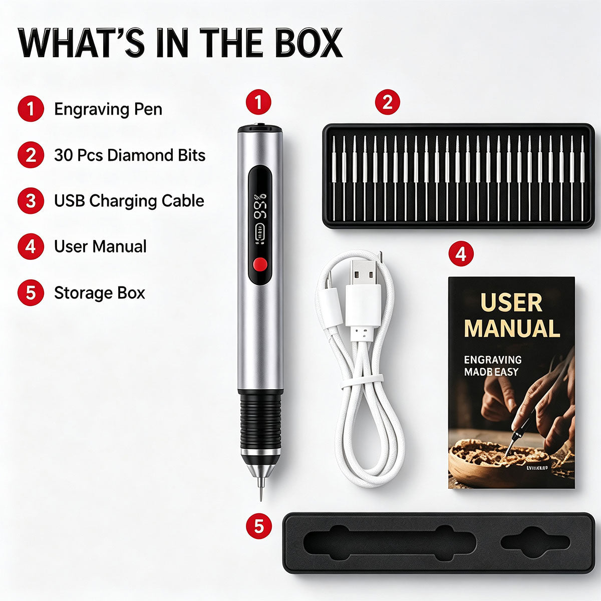 Ultimate Cordless Engraving Pen - Engrave 60+ Surfaces - 30 Bits & Mastery Guide