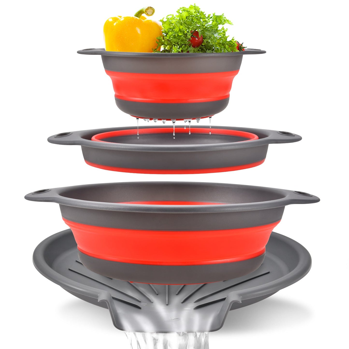 🎉Collapsible Colanders 3-Pack Sturdy Kitchen Strainer Set, Compact with Over-Sink Self-Drainage Base, 3 Sizes (3QT, 4QT, 5QT) for Dinner Prep