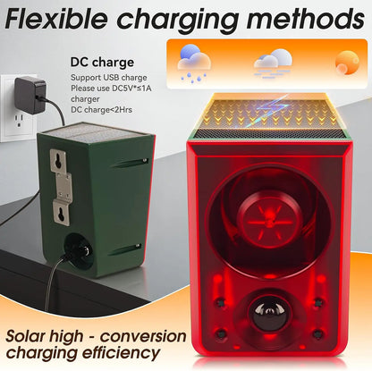 ☀️ Solar Motion Sensor Animal Deterrent – 130dB Alarm with Custom Recording & Flashing Light