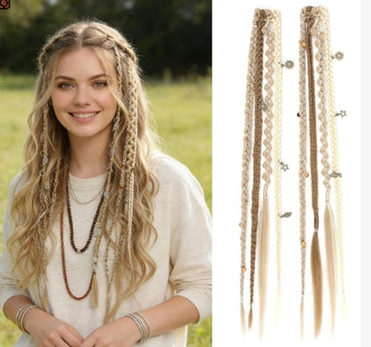 🔥2026 Boho Dreadlock Clip-In Hair Extensions 🌿 – 20" Braided Hair with Beads & Charms