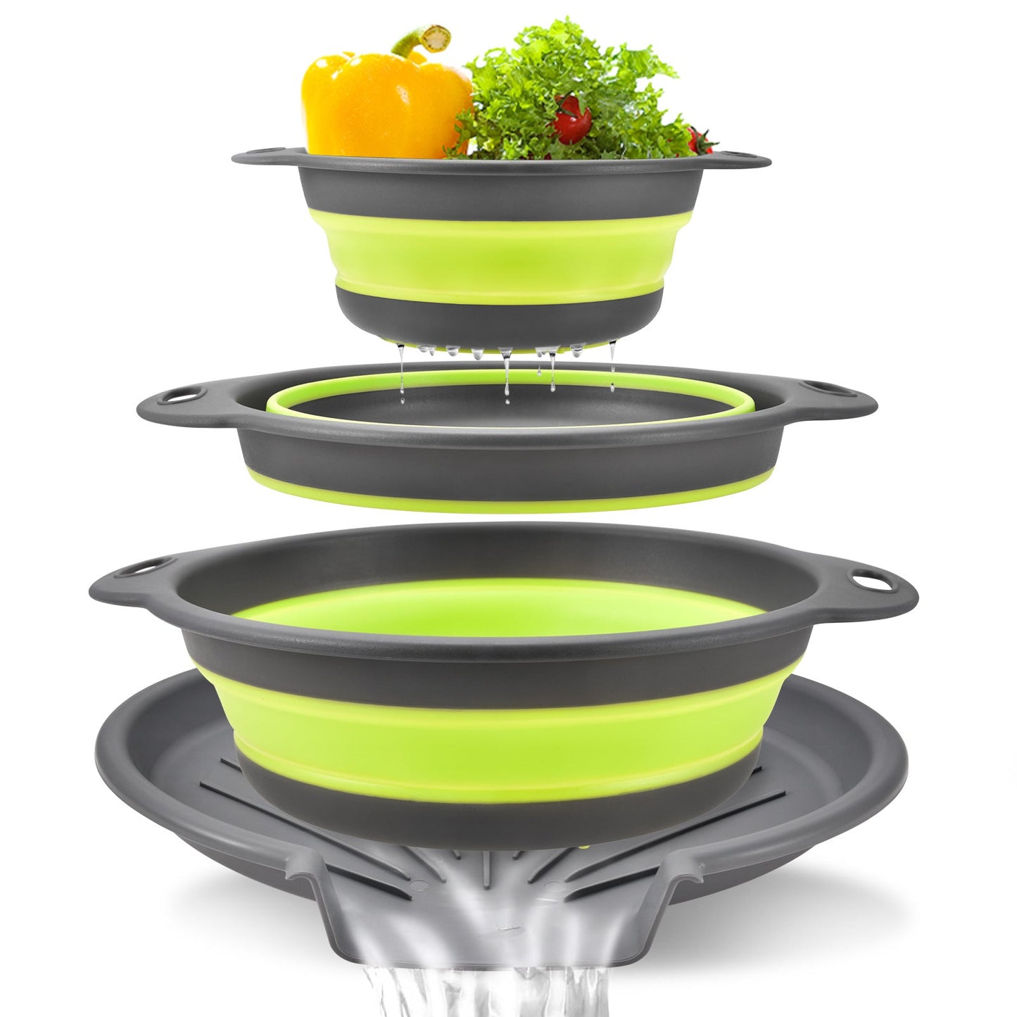 🎉Collapsible Colanders 3-Pack Sturdy Kitchen Strainer Set, Compact with Over-Sink Self-Drainage Base, 3 Sizes (3QT, 4QT, 5QT) for Dinner Prep