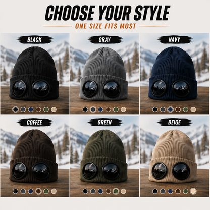 🧢 Retro Goggle Beanie Hat – Unique Winter Knit Cap for Outdoor Adventures