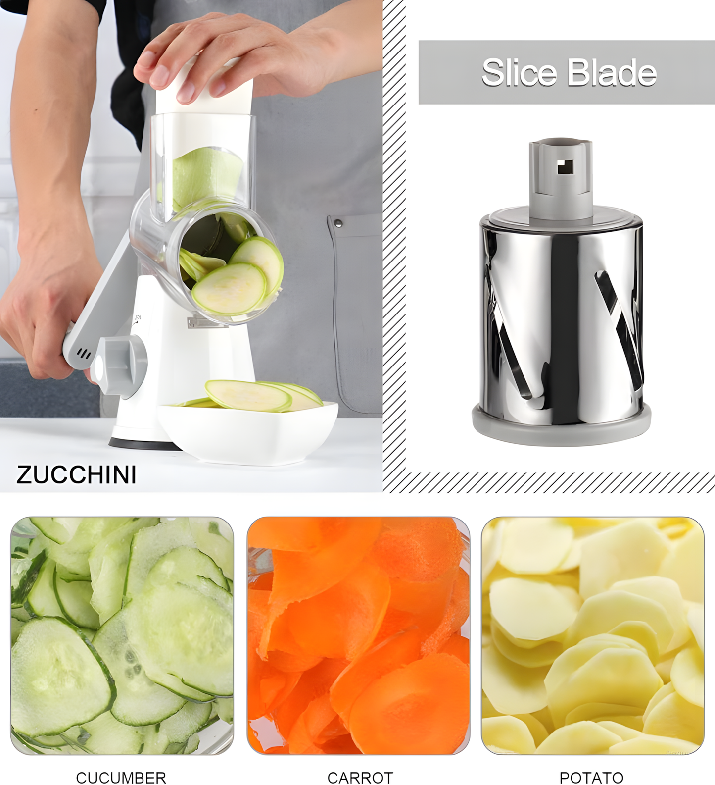 Hand Crank Rotary Cheese Grater 3-in-1 Stainless Steel Vegetable Shredder Slicer