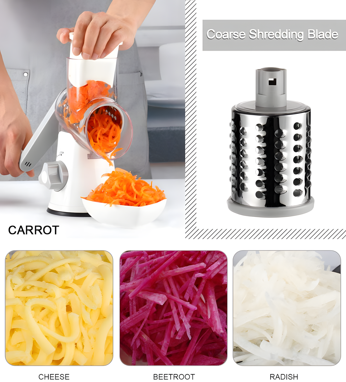 Hand Crank Rotary Cheese Grater 3-in-1 Stainless Steel Vegetable Shredder Slicer