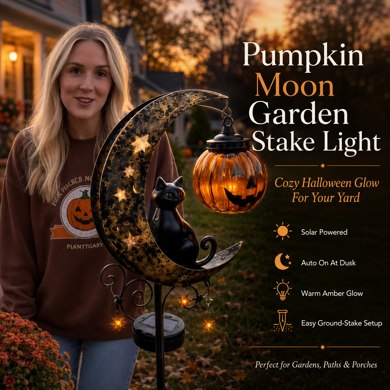 🔥 50% OFF TODAY 👻 Solar Halloween Garden Stake Light with Black Cat & Pumpkin