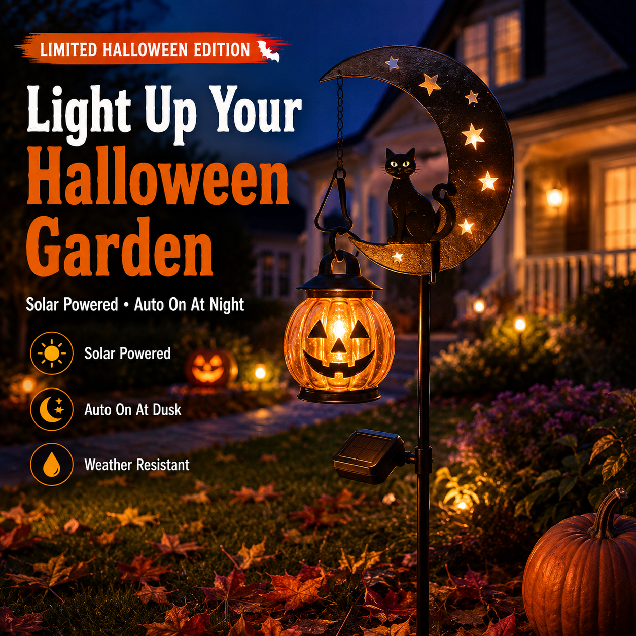 🔥 50% OFF TODAY 👻 Solar Halloween Garden Stake Light with Black Cat & Pumpkin