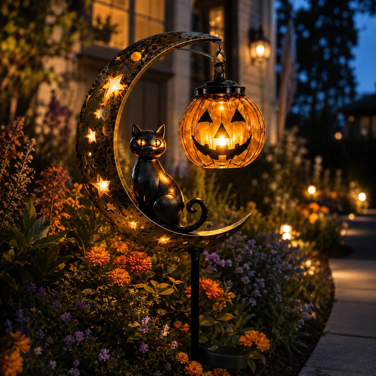 🔥 50% OFF TODAY 👻 Solar Halloween Garden Stake Light with Black Cat & Pumpkin