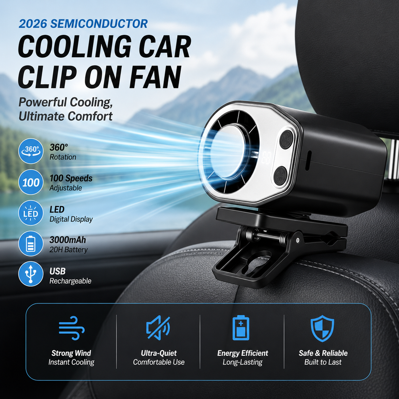 2026 Semiconductor Cooling Car Fan – 100 Speeds, 360° Rotation, 20Hr Battery
