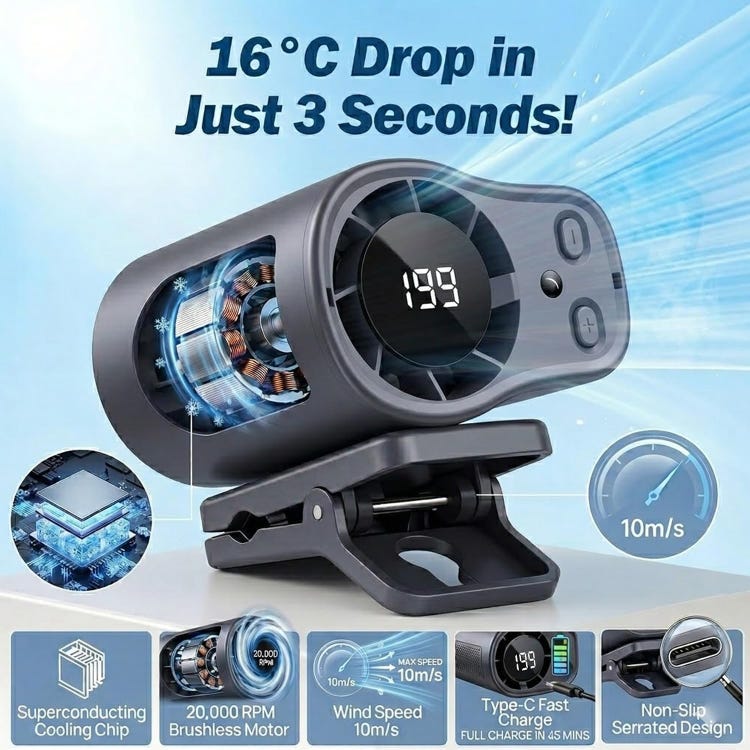 2026 Semiconductor Cooling Car Fan – 100 Speeds, 360° Rotation, 20Hr Battery