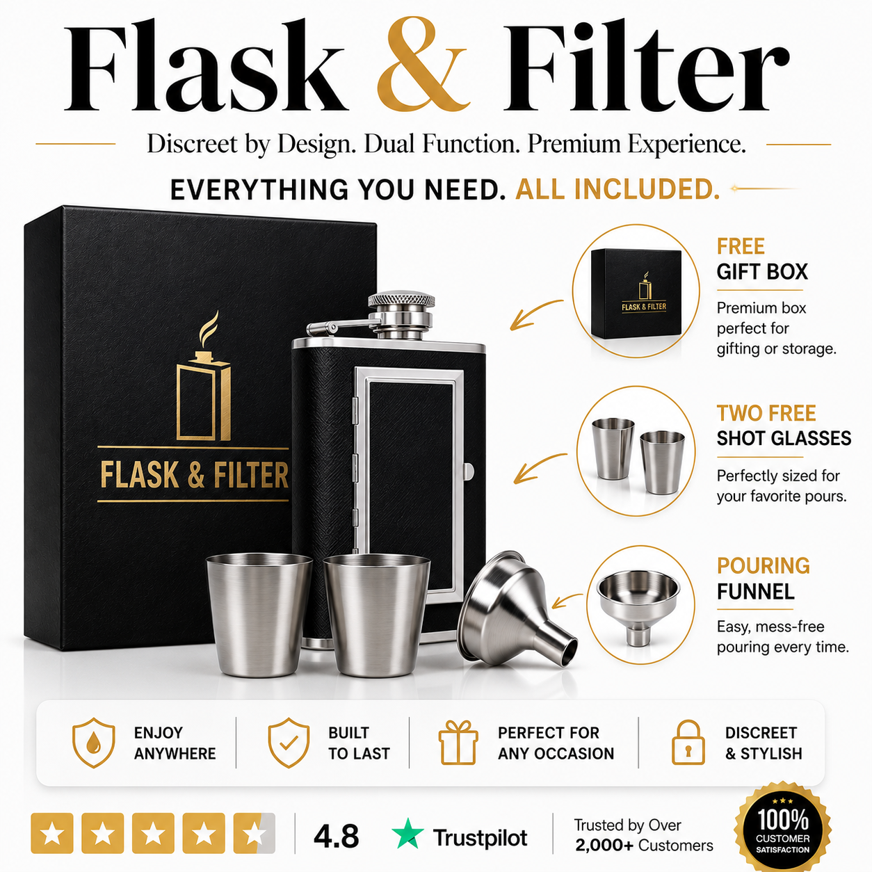 Stainless Steel Hip Flask with Cigarette Case