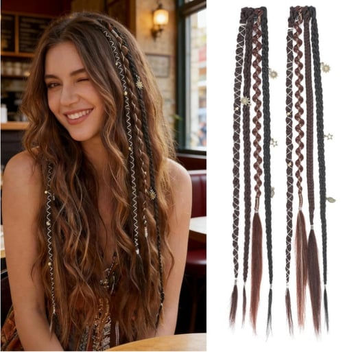 🔥2026 Boho Dreadlock Clip-In Hair Extensions 🌿 – 20" Braided Hair with Beads & Charms