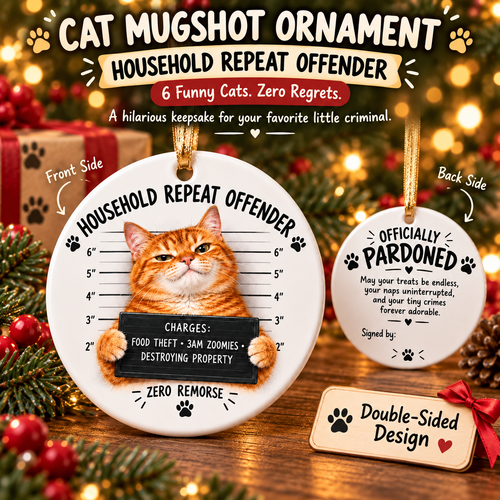 😼🎄Cat Mugshot Ornament Collection – Funny Ceramic Christmas Tree Decor🐾