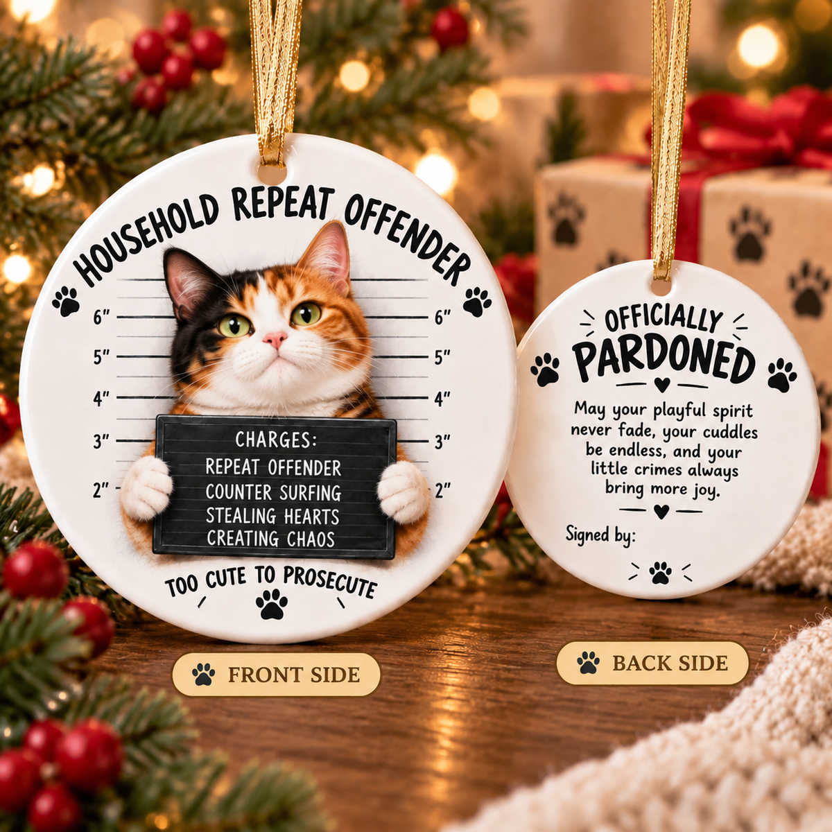 😼🎄Cat Mugshot Ornament Collection – Funny Ceramic Christmas Tree Decor🐾