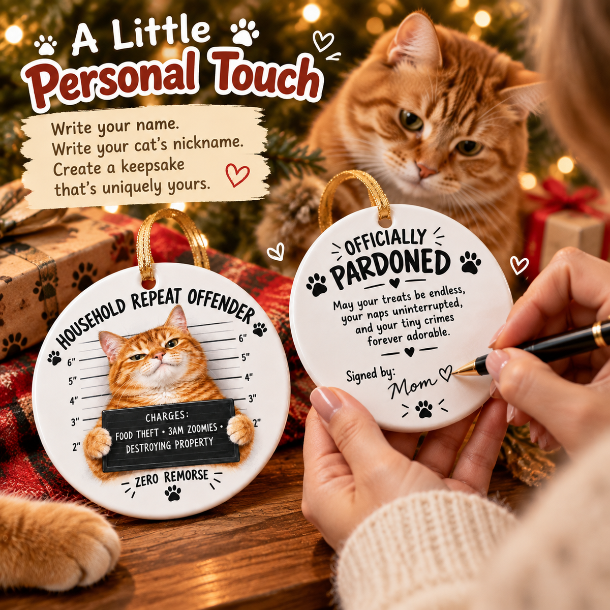 😼🎄Cat Mugshot Ornament Collection – Funny Ceramic Christmas Tree Decor🐾