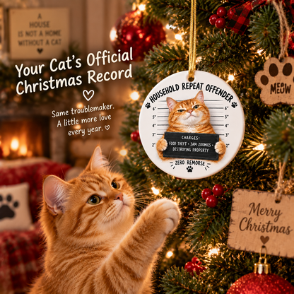 😼🎄Cat Mugshot Ornament Collection – Funny Ceramic Christmas Tree Decor🐾