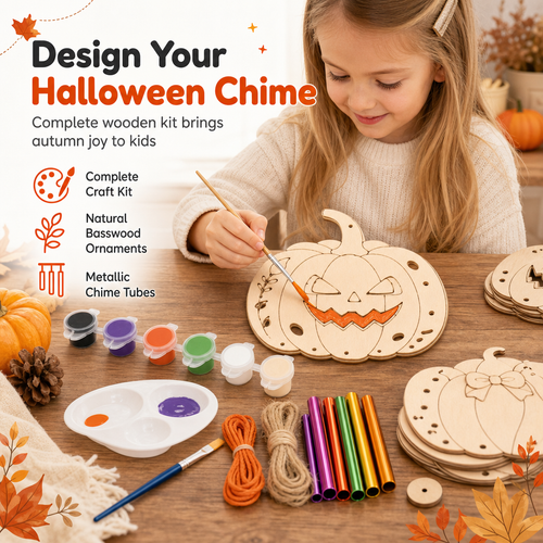 🎃 Halloween Wooden Pumpkin Craft Kit-6pc | DIY Wind Chime